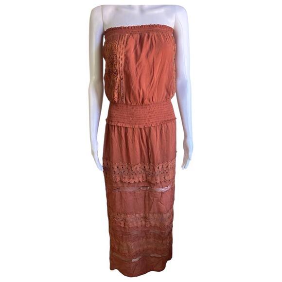 Elan Dresses & Skirts - Elan Athena Strapless Lace Maxi Dress Smocked Beach Cover Up Clay M Boho
